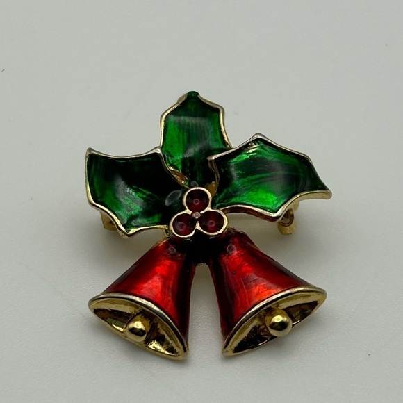 Vintage Small Red and Green Enamel Christmas Jingle Bells with Holly Dainty - Picture 2 of 4